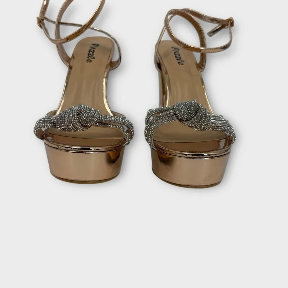 Pazzle Skyline Platform Sandals Rhinestone Knot Rose Gold Metallic Women 8.5